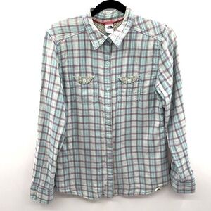 The North Face plaid heritage woman blue gorpcore casual outdoor button top MED